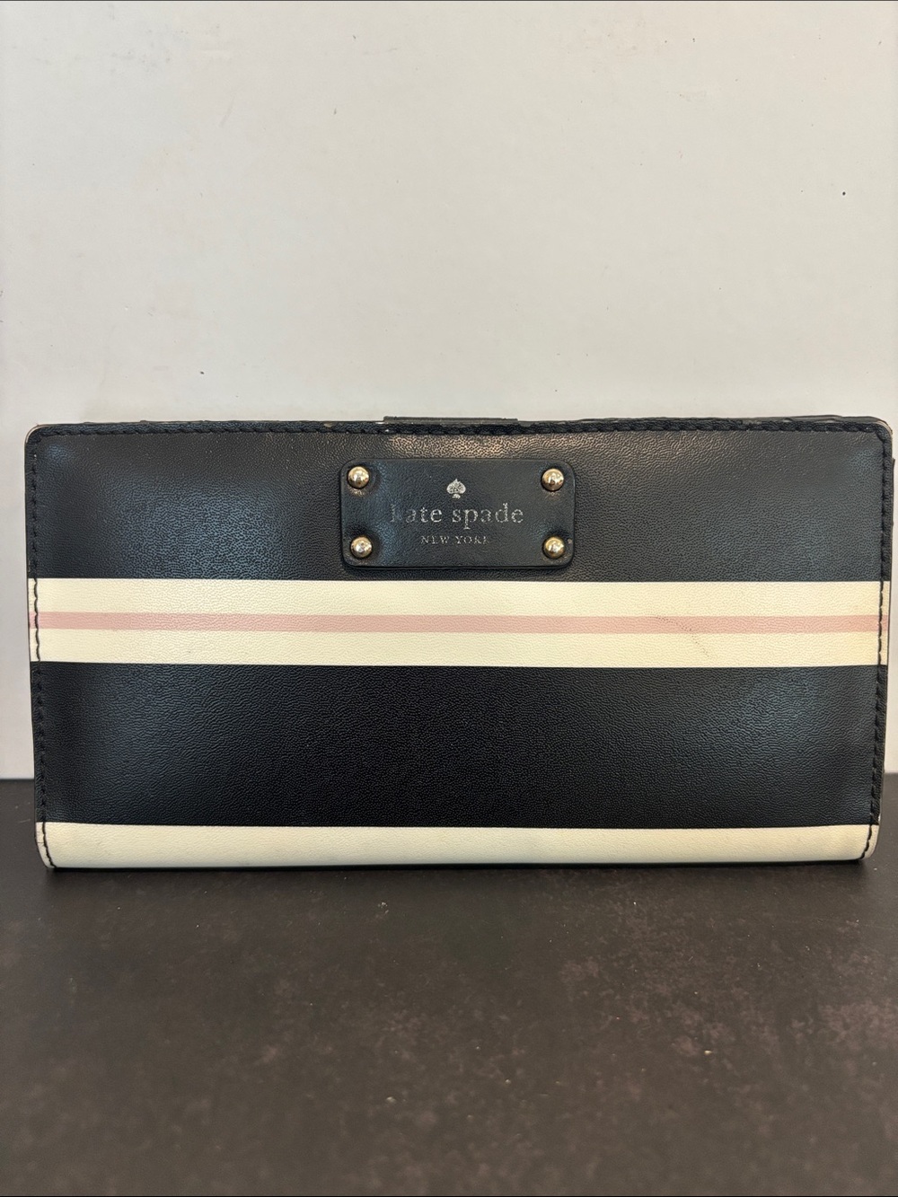 kate spade Black Wallet with Cream and Light Pink Stripes